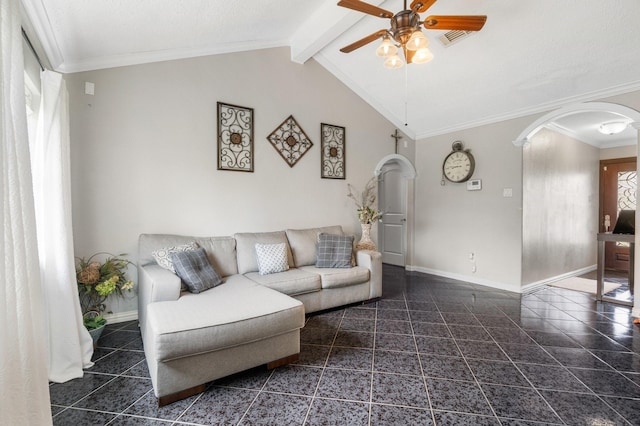 living room with lofted ceiling with beams, ceiling fan, and crown molding