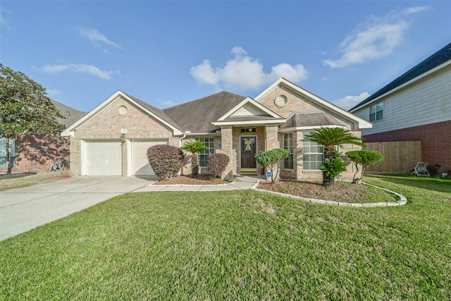 view of front of property with a front lawn and a garage