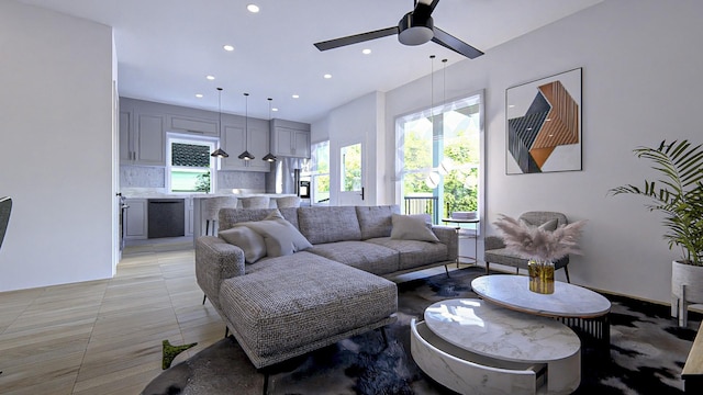 tiled living room featuring ceiling fan