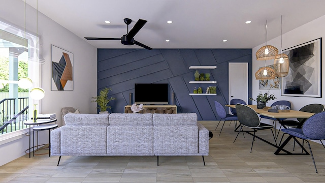 living room with ceiling fan