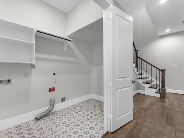 laundry room with washer hookup, gas dryer hookup, electric dryer hookup, and wood-type flooring