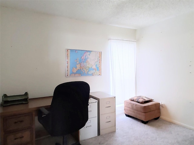 office with light carpet and a textured ceiling