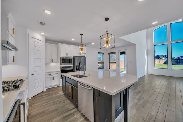 kitchen featuring sink, white cabinetry, hanging light fixtures, appliances with stainless steel finishes, and an island with sink