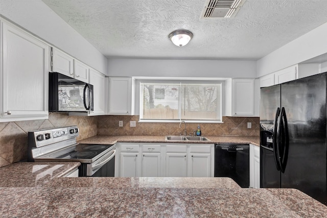 kitchen with tasteful backsplash, sink, white cabinets, and black appliances