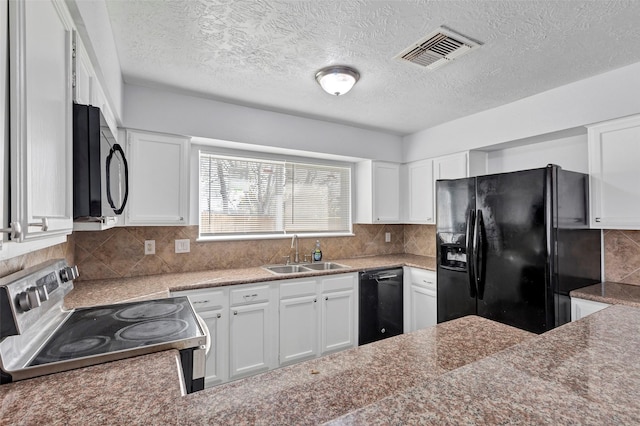 kitchen featuring sink, black appliances, a textured ceiling, decorative backsplash, and white cabinets