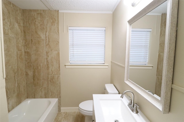 full bathroom with a textured ceiling, shower / washtub combination, toilet, and a wealth of natural light