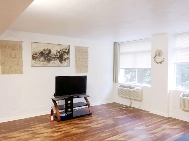 miscellaneous room with an AC wall unit and wood-type flooring