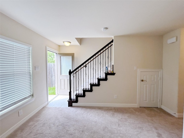 stairway featuring carpet flooring