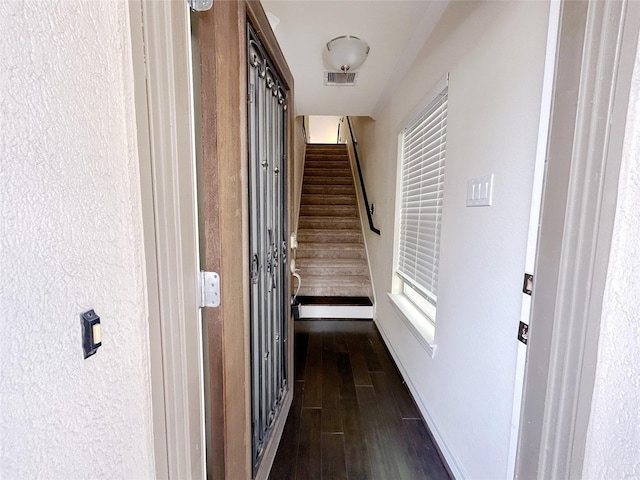 corridor with dark hardwood / wood-style flooring