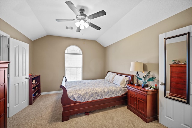 bedroom featuring light carpet, ceiling fan, and lofted ceiling