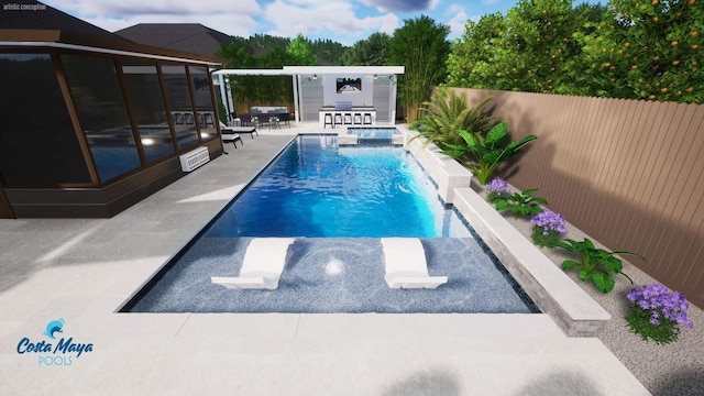 view of swimming pool featuring an outbuilding, a patio, and grilling area