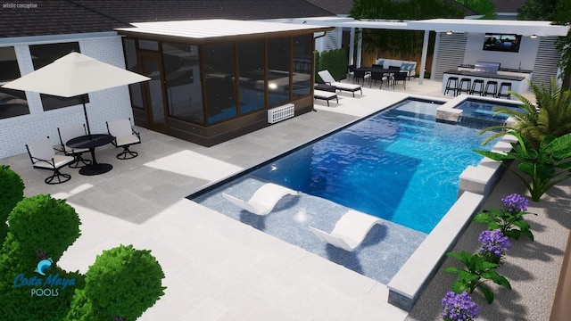 view of pool with a sunroom, a patio, and an in ground hot tub