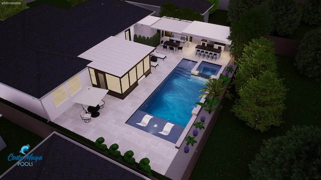 view of swimming pool with an in ground hot tub, a patio, and an outdoor hangout area