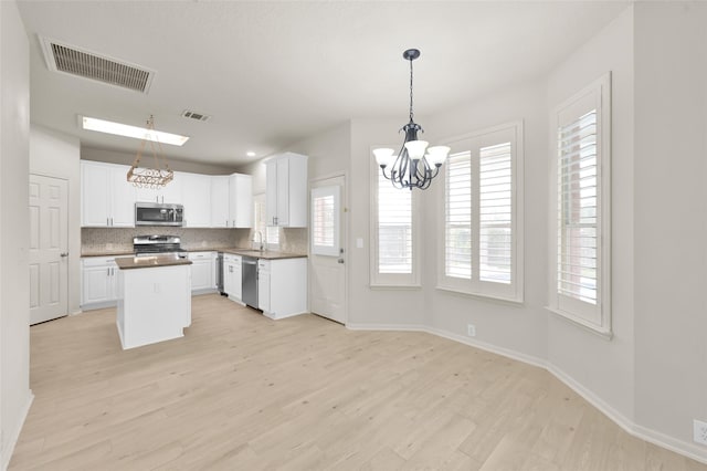 kitchen with pendant lighting, white cabinetry, sink, decorative backsplash, and stainless steel appliances