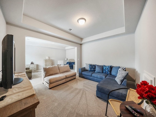 living room with carpet floors and a raised ceiling