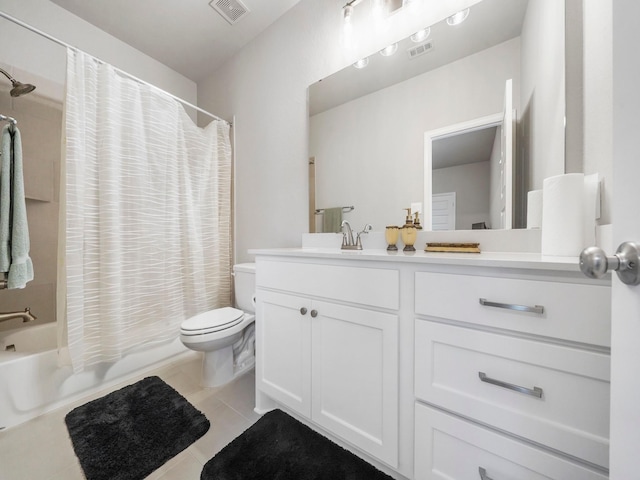 full bathroom featuring tile patterned floors, vanity, shower / bathtub combination with curtain, and toilet