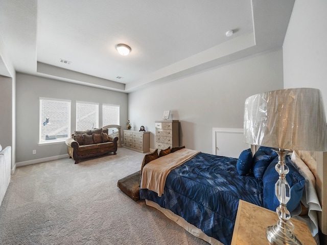 carpeted bedroom with a tray ceiling