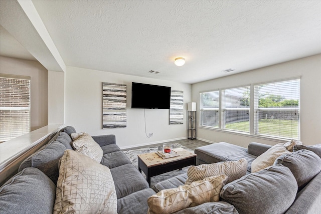 living room with a textured ceiling