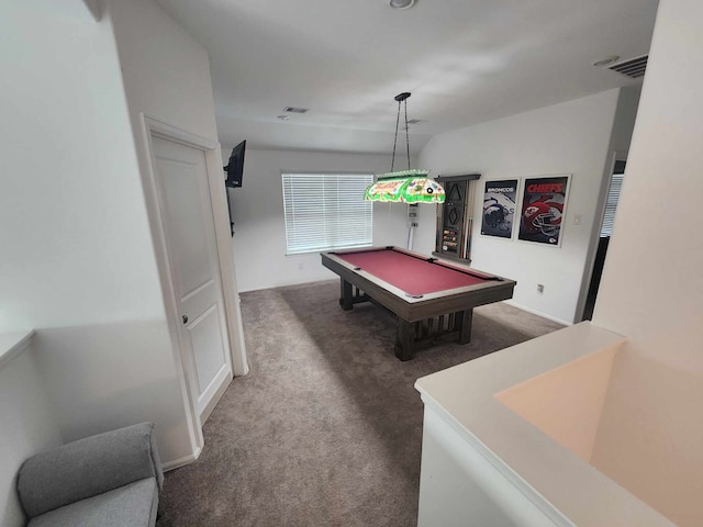 rec room featuring dark carpet and billiards