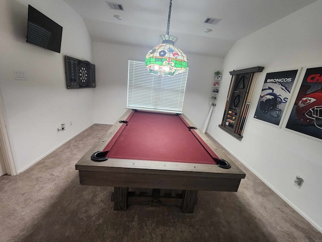 rec room featuring dark colored carpet, vaulted ceiling, and billiards