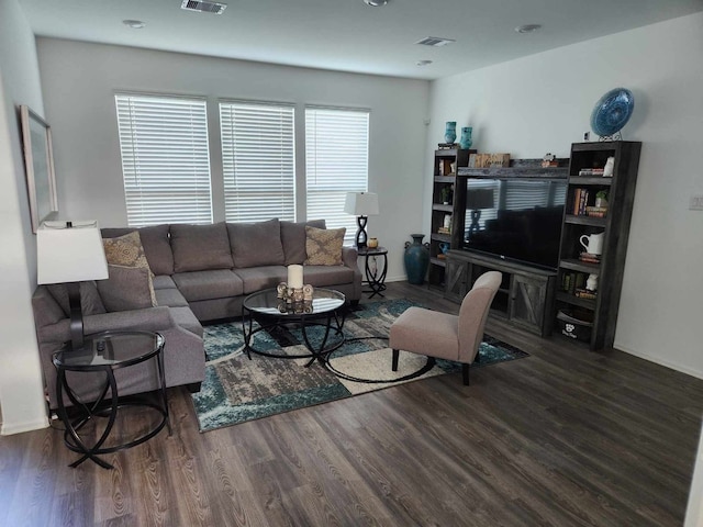 living room with dark hardwood / wood-style flooring and a healthy amount of sunlight