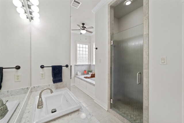 bathroom with tile patterned floors, ceiling fan, vanity, and independent shower and bath