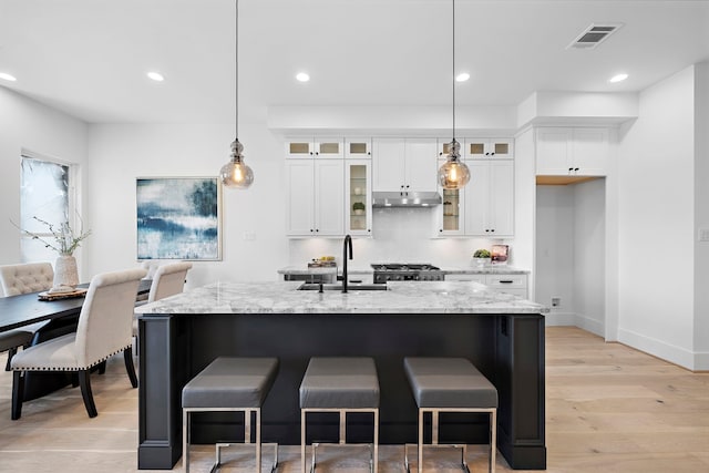 kitchen featuring light stone counters, sink, a center island with sink, white cabinets, and light hardwood / wood-style floors