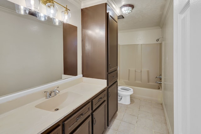 full bathroom with vanity, bathing tub / shower combination, toilet, ornamental molding, and a textured ceiling