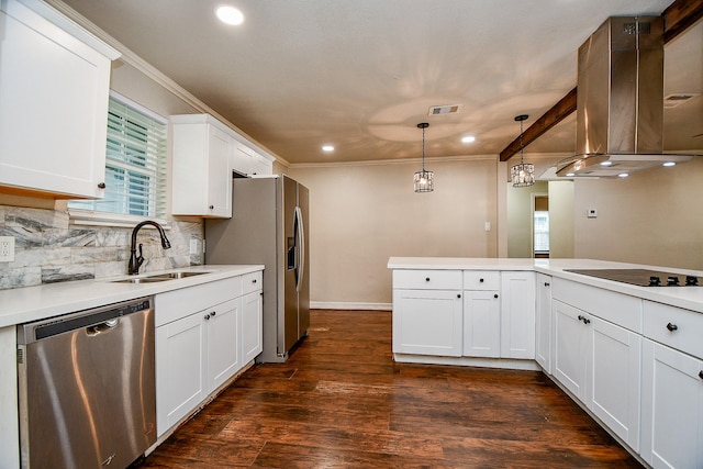 kitchen with wall chimney range hood, sink, dark hardwood / wood-style floors, appliances with stainless steel finishes, and white cabinetry