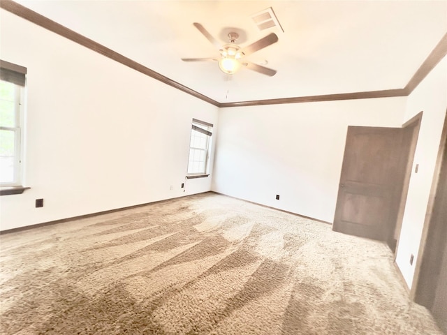 unfurnished room featuring carpet, ceiling fan, and ornamental molding