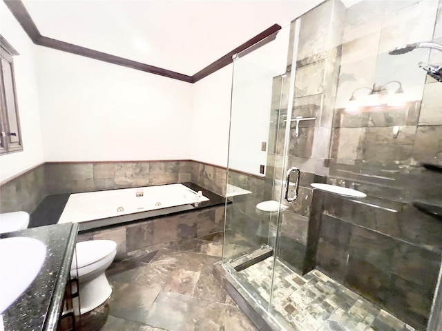 bathroom featuring walk in shower, ornamental molding, sink, tile walls, and toilet