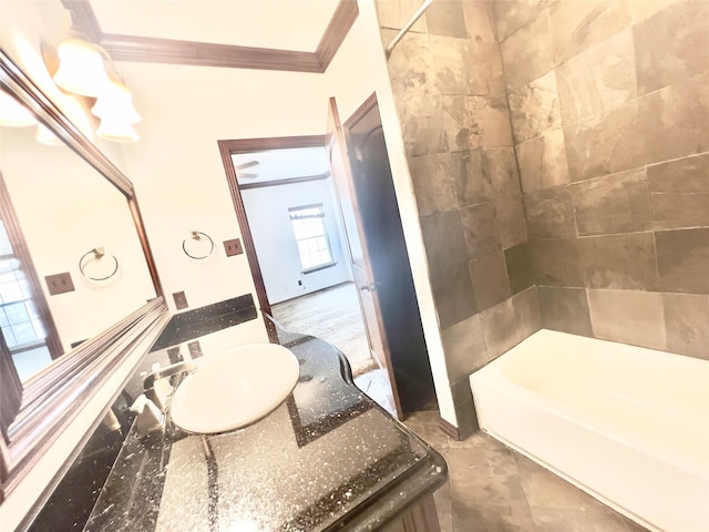 bathroom with separate shower and tub and ornamental molding