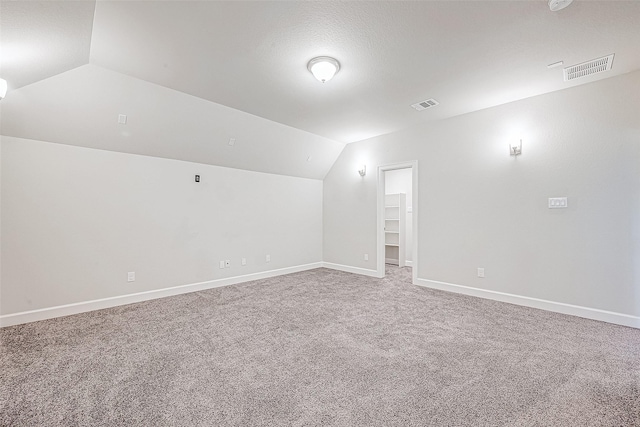 additional living space featuring a textured ceiling, carpet floors, and lofted ceiling