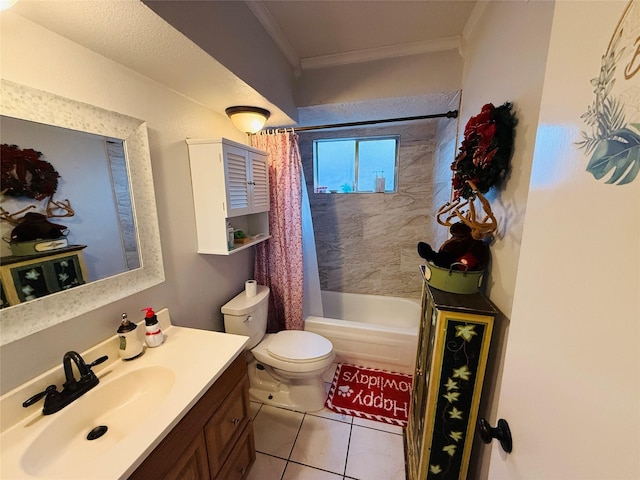 full bathroom with vanity, tile patterned flooring, toilet, shower / bathtub combination with curtain, and ornamental molding