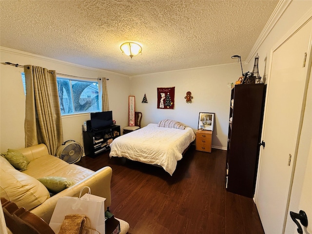 bedroom with a textured ceiling, dark hardwood / wood-style flooring, and crown molding