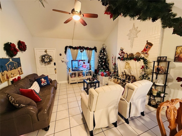 tiled living room with ceiling fan and lofted ceiling