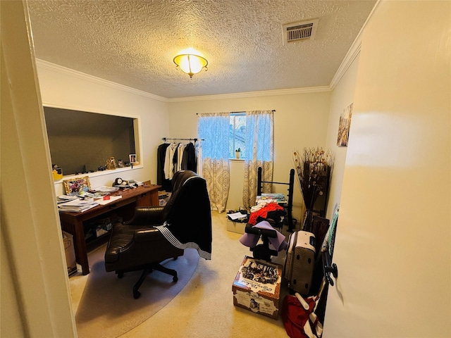 carpeted office with a textured ceiling and ornamental molding