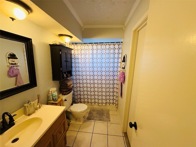 bathroom featuring vanity, tile patterned flooring, toilet, ornamental molding, and curtained shower