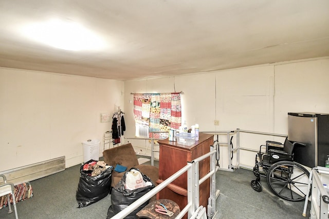 miscellaneous room with dark colored carpet