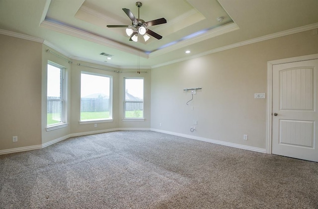 spare room with a raised ceiling, ceiling fan, carpet floors, and ornamental molding