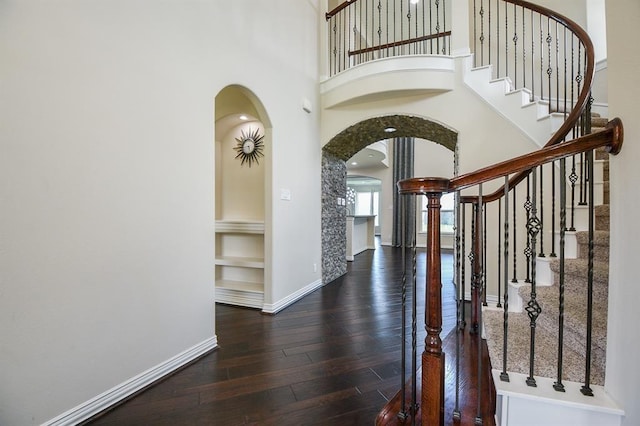 foyer featuring a towering ceiling and dark hardwood / wood-style floors