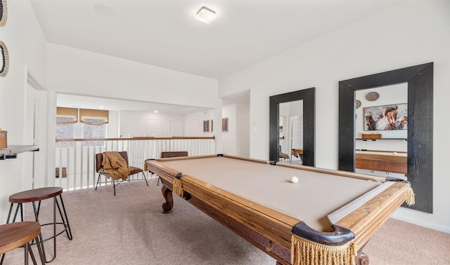 playroom with light carpet and pool table