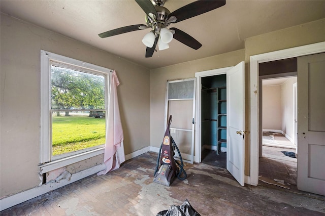 interior space with a walk in closet, a closet, and ceiling fan