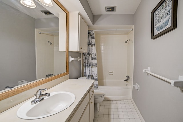 full bathroom featuring tile patterned floors, vanity, toilet, and shower / bathtub combination with curtain