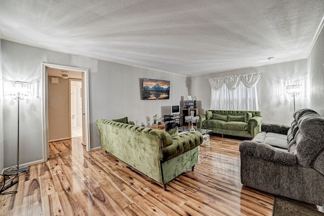 living room featuring a textured ceiling, hardwood / wood-style flooring, and ornamental molding