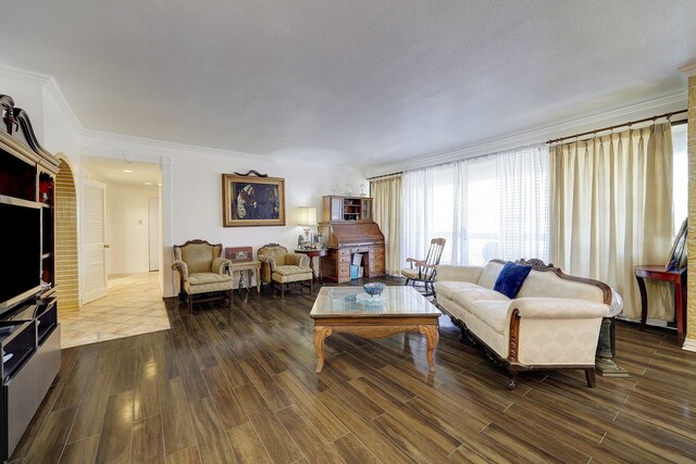 living room with ornamental molding