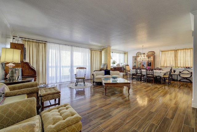 living room with wood-type flooring, crown molding, and an inviting chandelier