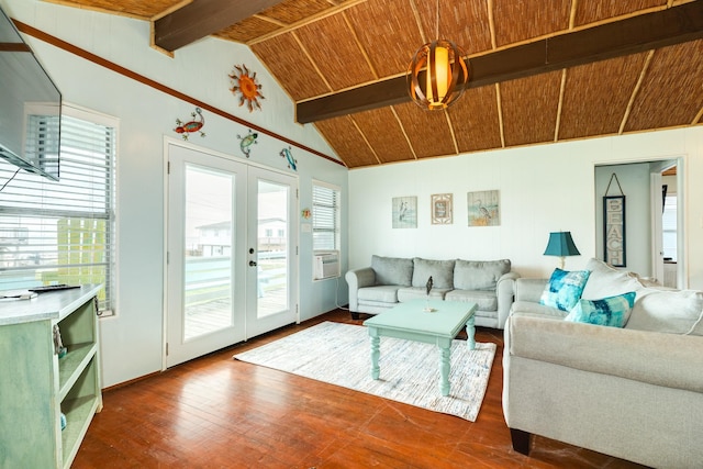 living room with french doors, vaulted ceiling with beams, dark hardwood / wood-style floors, and wood ceiling