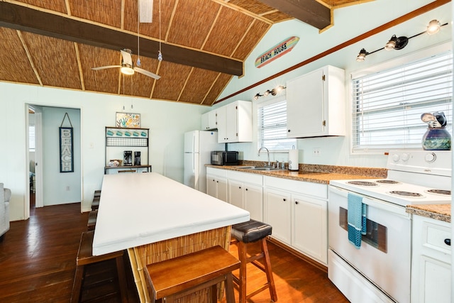 kitchen with white cabinetry, wooden ceiling, dark wood-type flooring, vaulted ceiling with beams, and white appliances