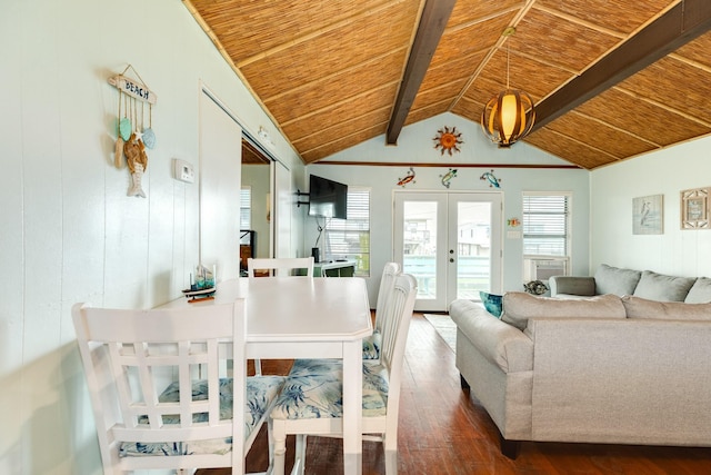 dining space with lofted ceiling with beams, french doors, wooden ceiling, and dark hardwood / wood-style floors